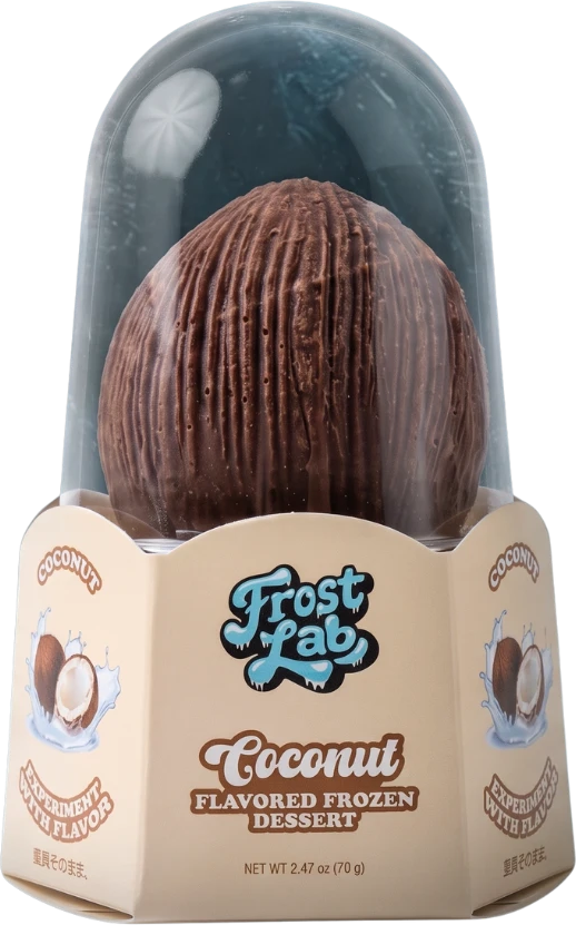 Frost Lab Coconut frozen dessert shaped like a whole brown coconut, in its clear dome pack