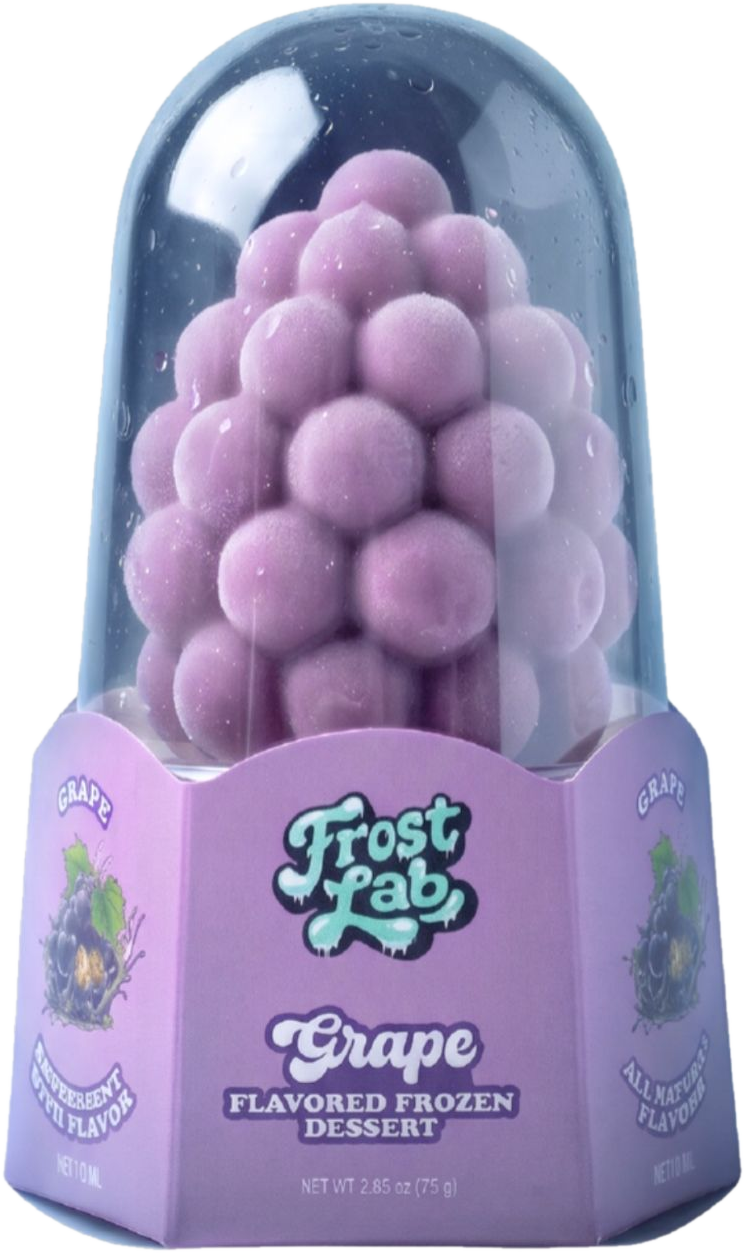 Frost Lab Grape frozen dessert shaped like a bunch of purple grapes, in its clear dome pack