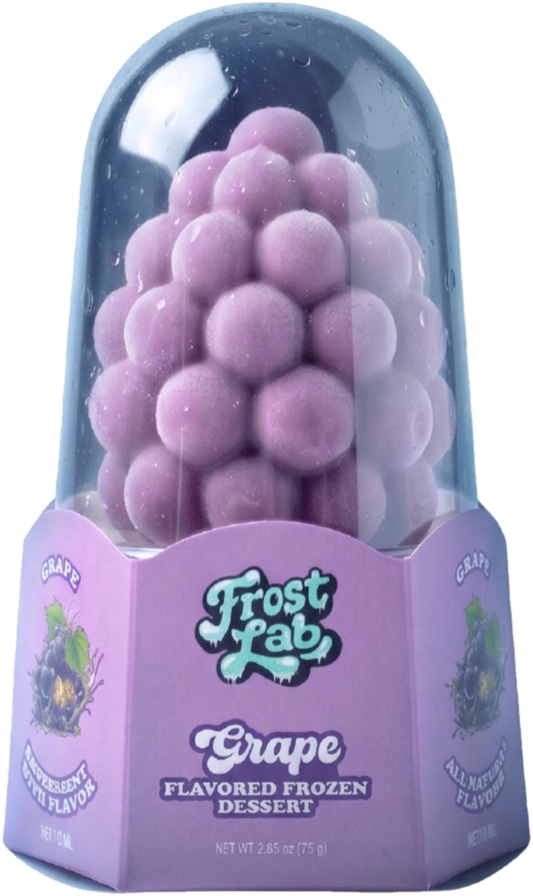 Frost Lab Grape frozen dessert shaped like a bunch of purple grapes, in its clear dome pack