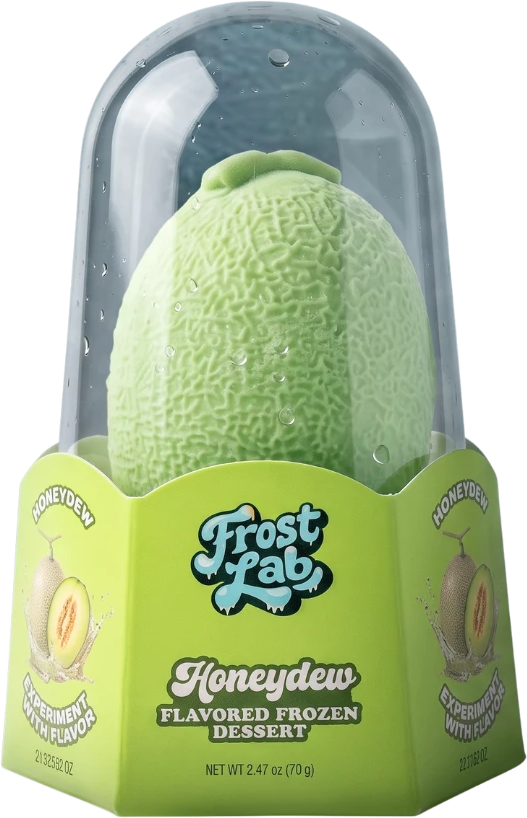Frost Lab Honeydew frozen dessert shaped like a small honeydew melon, in its clear dome pack