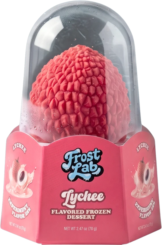 Frost Lab Lychee frozen dessert shaped like a lychee with bumpy pink skin, in its clear dome pack