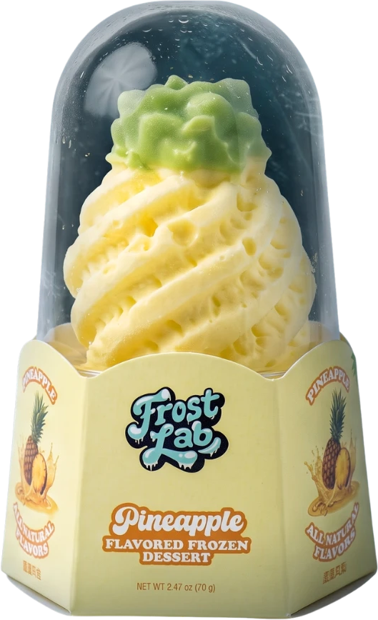 Frost Lab Pineapple frozen dessert shaped like a pineapple with a green leafy top, in its clear dome pack