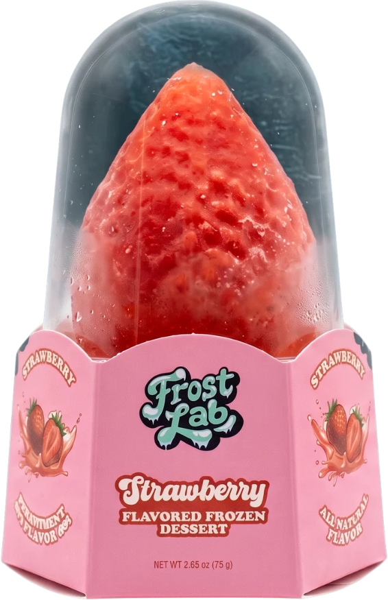 Frost Lab Strawberry frozen dessert shaped like a ripe strawberry, in its clear dome pack
