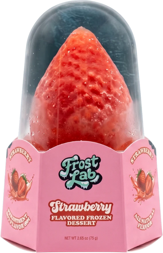 Frost Lab Strawberry frozen dessert shaped like a ripe strawberry, in its clear dome pack