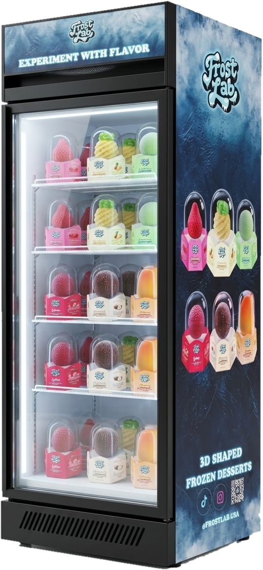 A branded Frost Lab stand-up freezer stocked with fruit-shaped frozen desserts, Experiment with Flavor across the top
